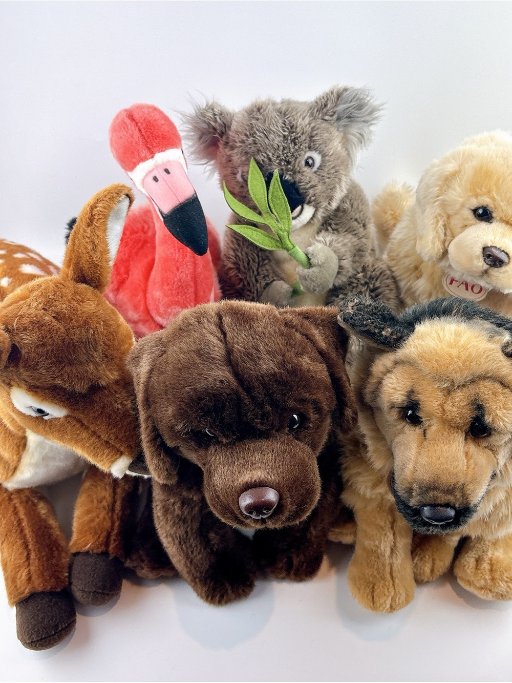 FAO Schwarz Rare 6 Plush Animal Lot : Deer, Flamingo, Koala German shepherd etc.